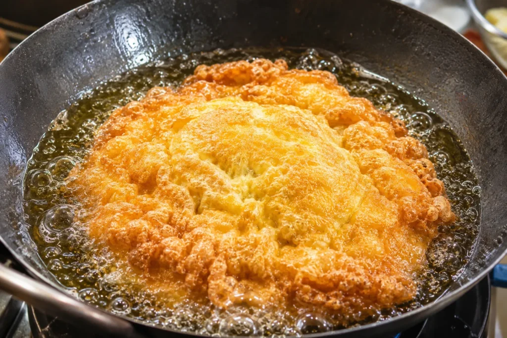 Authentic Thai Kai Jeow puffing with crispy golden edges while frying in hot oil.