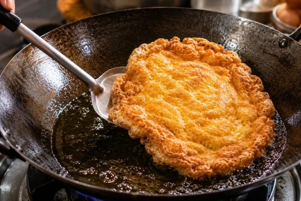 Flipping a golden crispy Thai Kai Jeow with a metal spatula in a traditional wok.