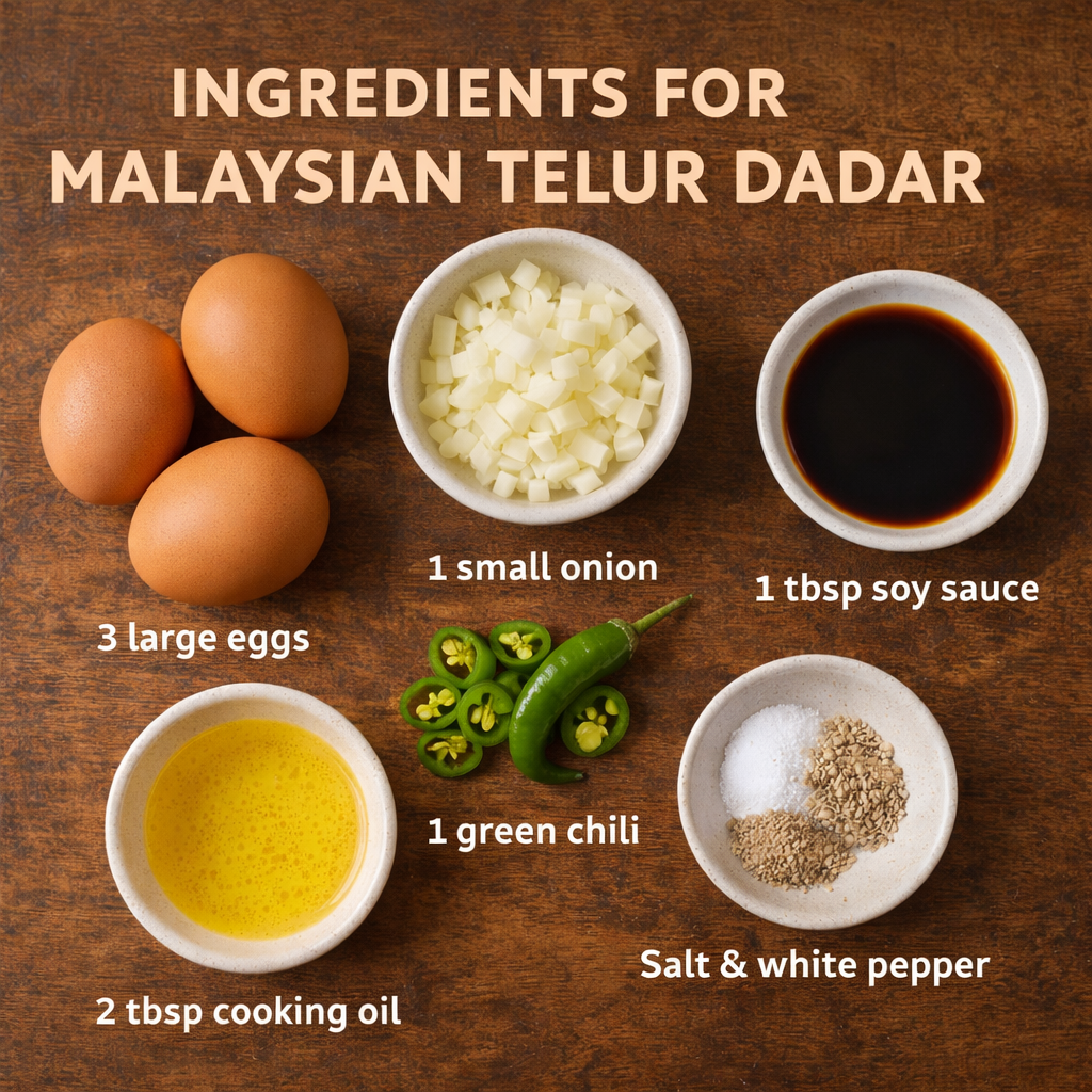 Ingredients for Malaysian Telur Dadar omelette including eggs, chopped onion, green chili, soy sauce, cooking oil, salt, and white pepper arranged neatly on wooden background