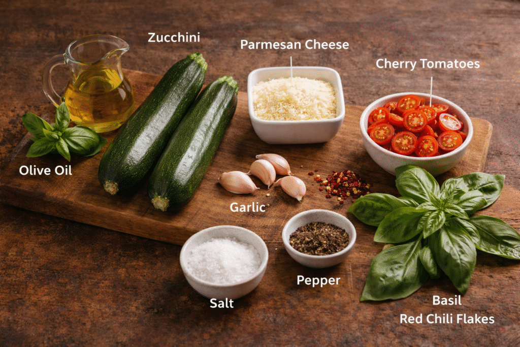 Fresh ingredients for Italian zucchini pasta including spiralized zucchini, olive oil, garlic, cherry tomatoes, parmesan cheese, and herbs arranged on a kitchen counter