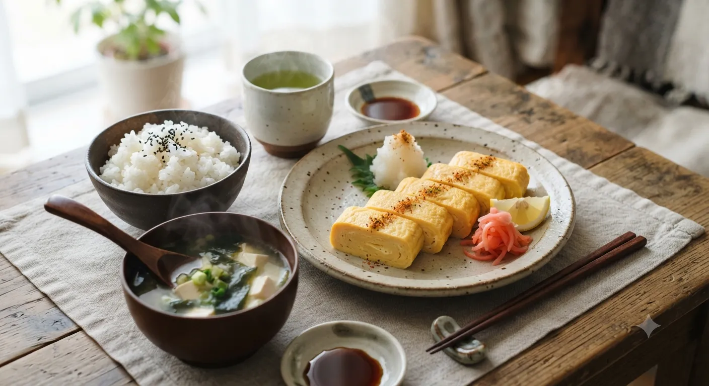 Premium close-up photography of thick, golden layered tamagoyaki served on a modern ceramic plate with grated daikon and fresh green garnish.