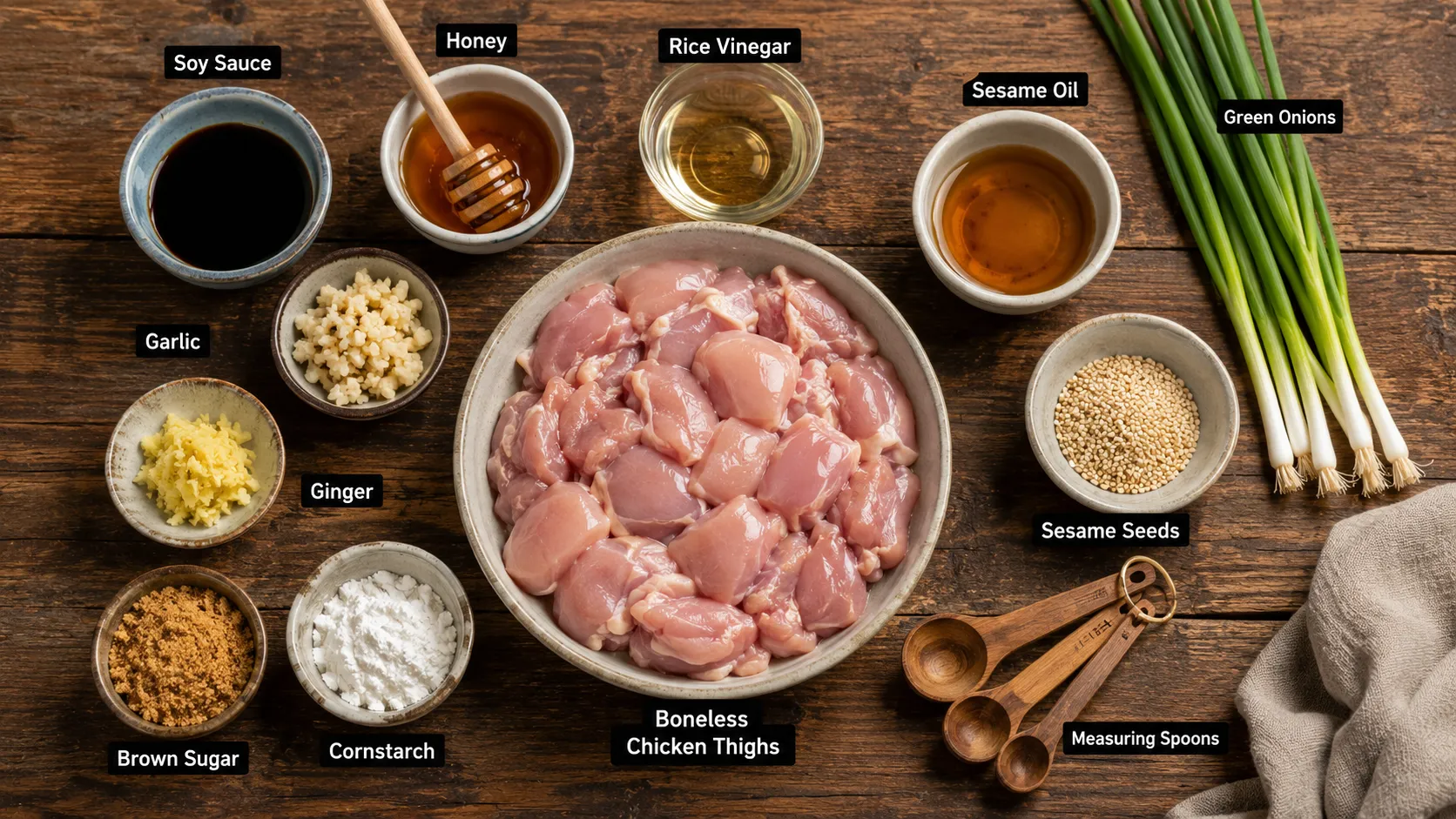 Ingredients for Juicy Teriyaki Chicken Bites including chicken thighs, soy sauce, honey, garlic, ginger, sesame oil, rice vinegar, brown sugar, and cornstarch.