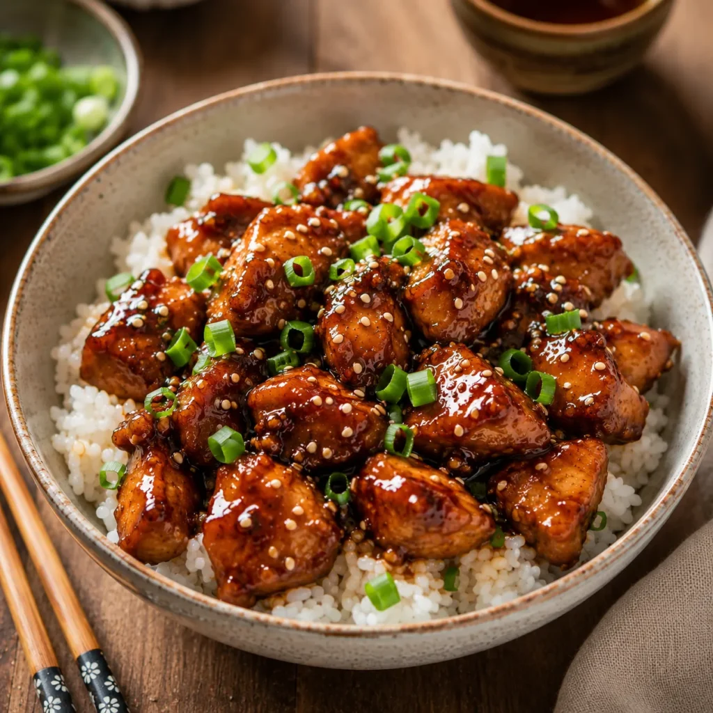 Juicy Teriyaki Chicken Bites served over steamed jasmine rice with glossy homemade teriyaki sauce, sesame seeds, and green onions in a ceramic bowl.