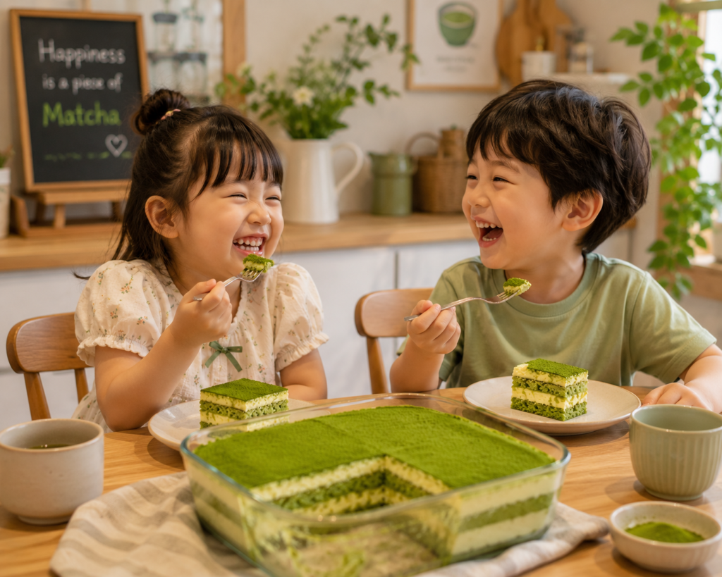 Two happy children laughing while enjoying homemade matcha tiramisu at the dining table