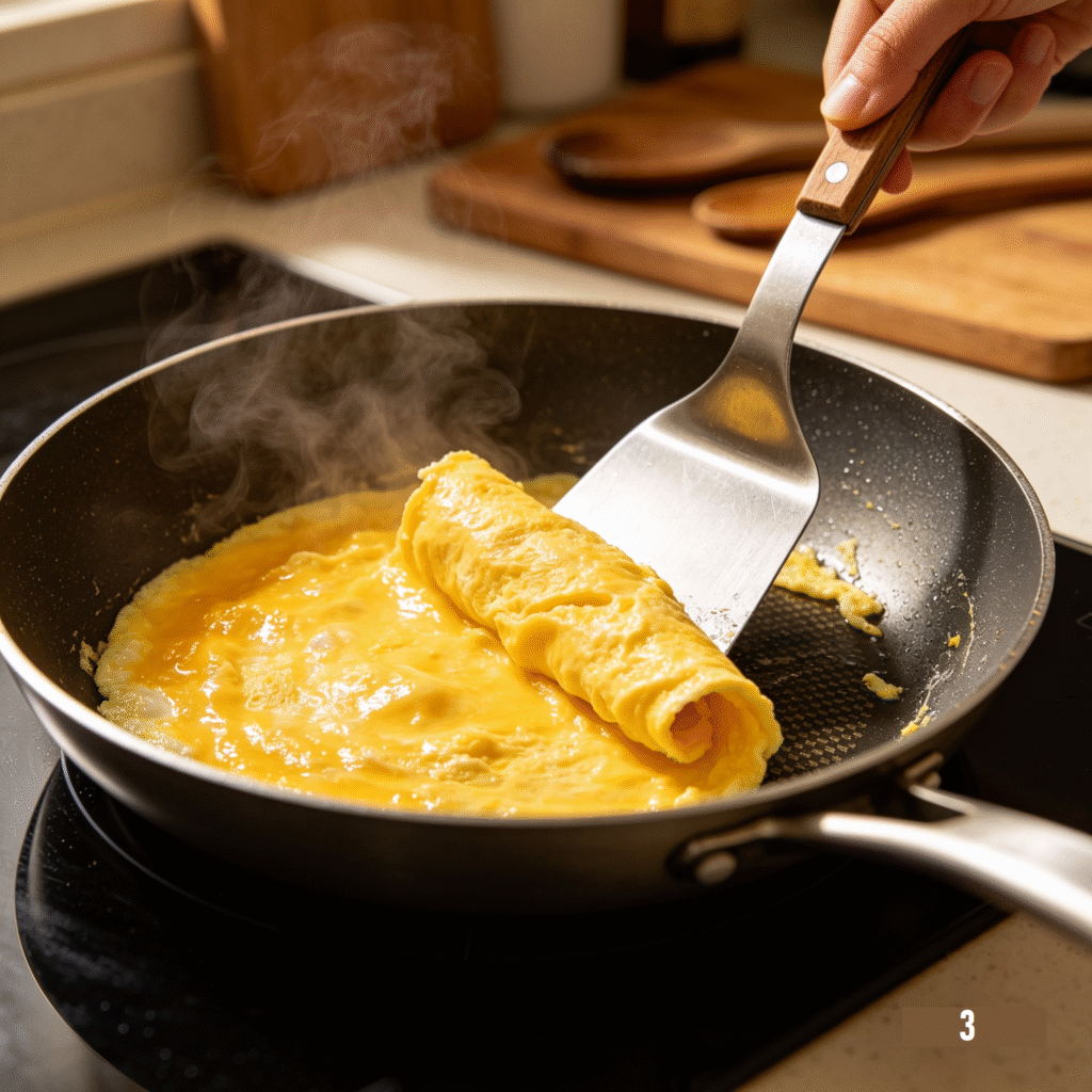 Whisked eggs being carefully rolled using a spatula inside a frying pan, step-by-step egg roll cooking process, clear natural lighting.