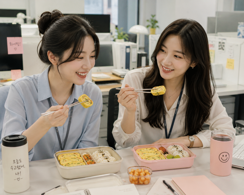 enjoying homemade Gyeran Mari lunch boxes together at office desk during lunchtime.
