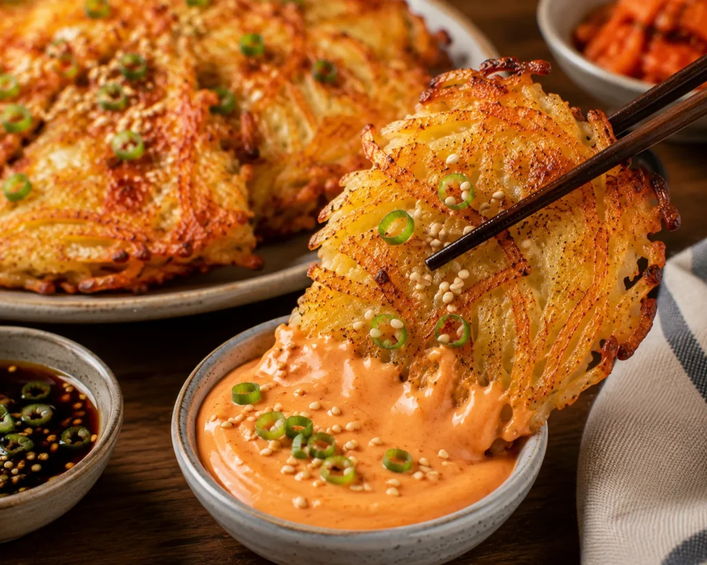 Crispy Korean potato pancake being dipped into creamy spicy gochujang mayonnaise with chopsticks.