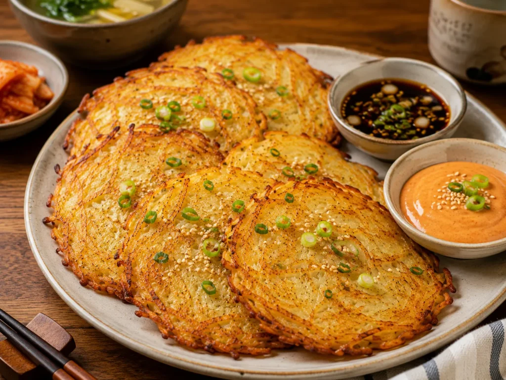 Crispy Korean potato pancakes served with soy dipping sauce and spicy gochujang mayo, topped with sesame seeds and sliced green onions.