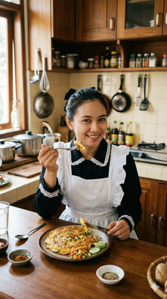 woman in a maid uniform eating a delicious omelette in a cozy wooden kitchen.