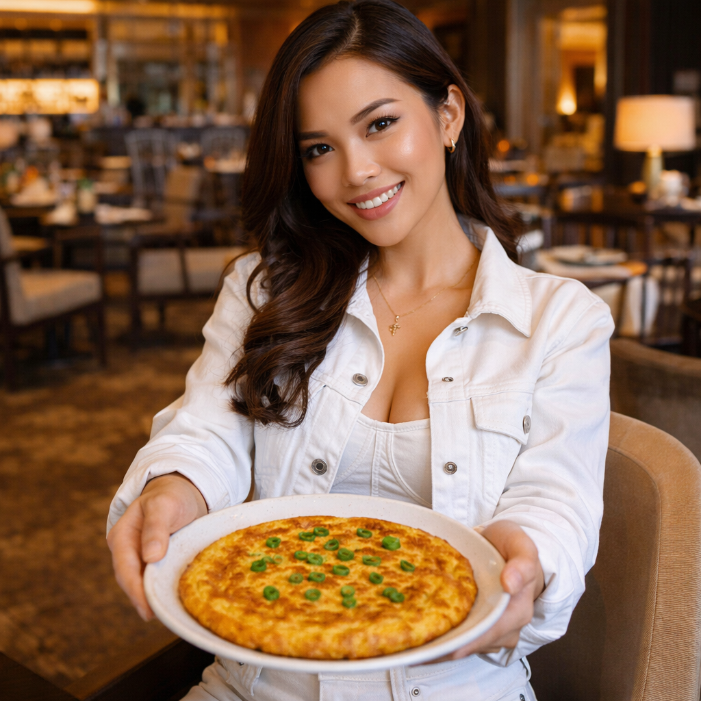 woman presenting homemade Telur Dadar in a hotel restaurant, wearing stylish white denim outfit and smiling warmly