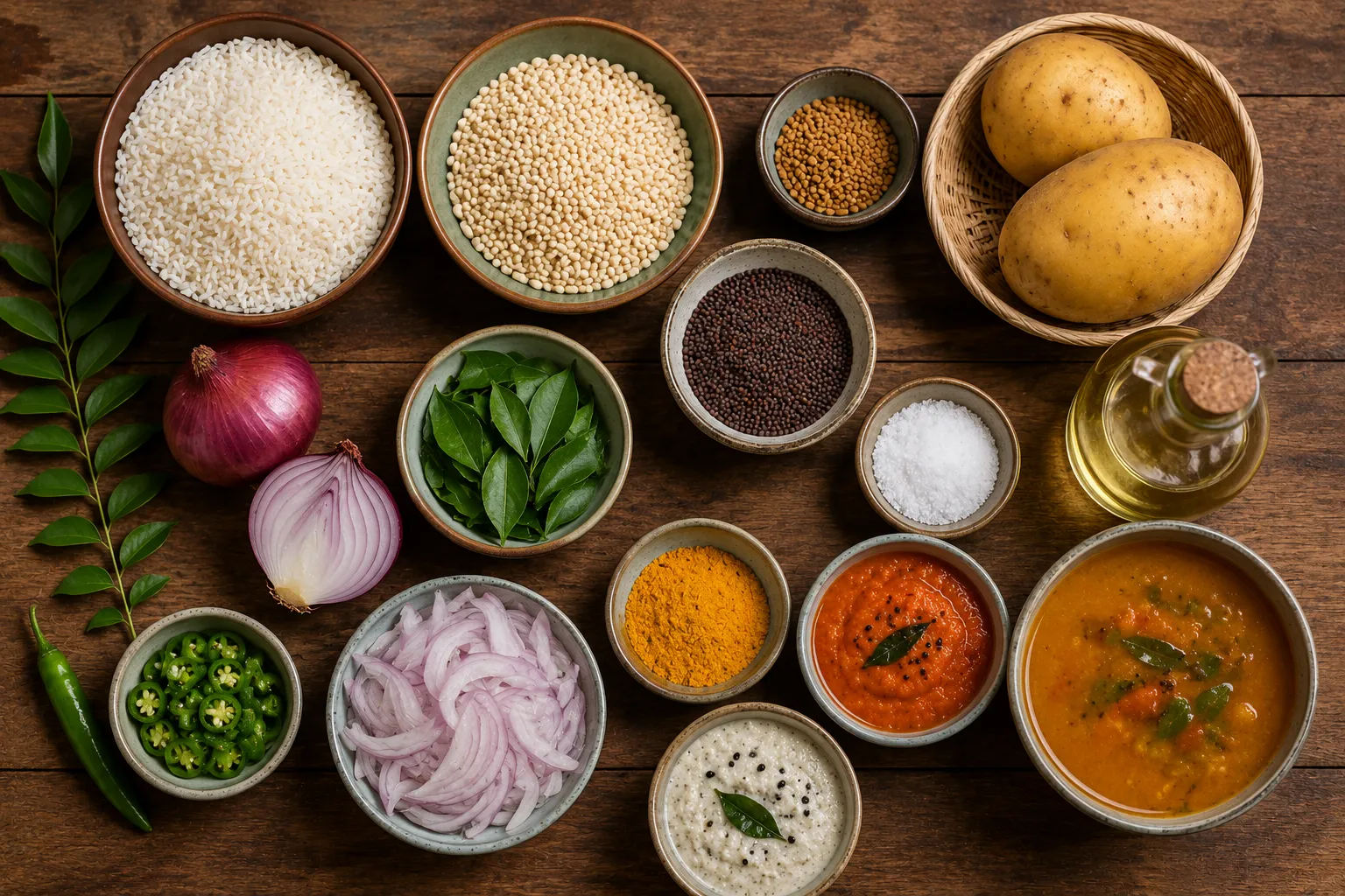 Fresh ingredients for homemade Masala Dosa including rice, urad dal, fenugreek seeds, potatoes, onions, curry leaves, and spices arranged on a wooden countertop