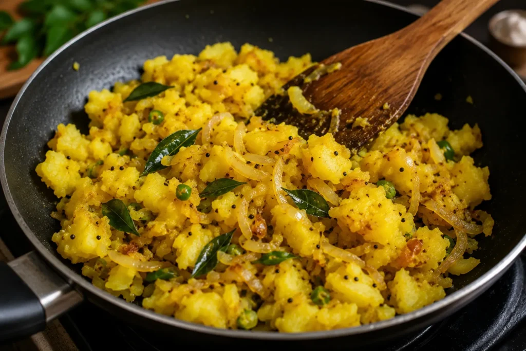 Spiced potato filling cooking with onions, mustard seeds, turmeric, and curry leaves for Masala Dosa