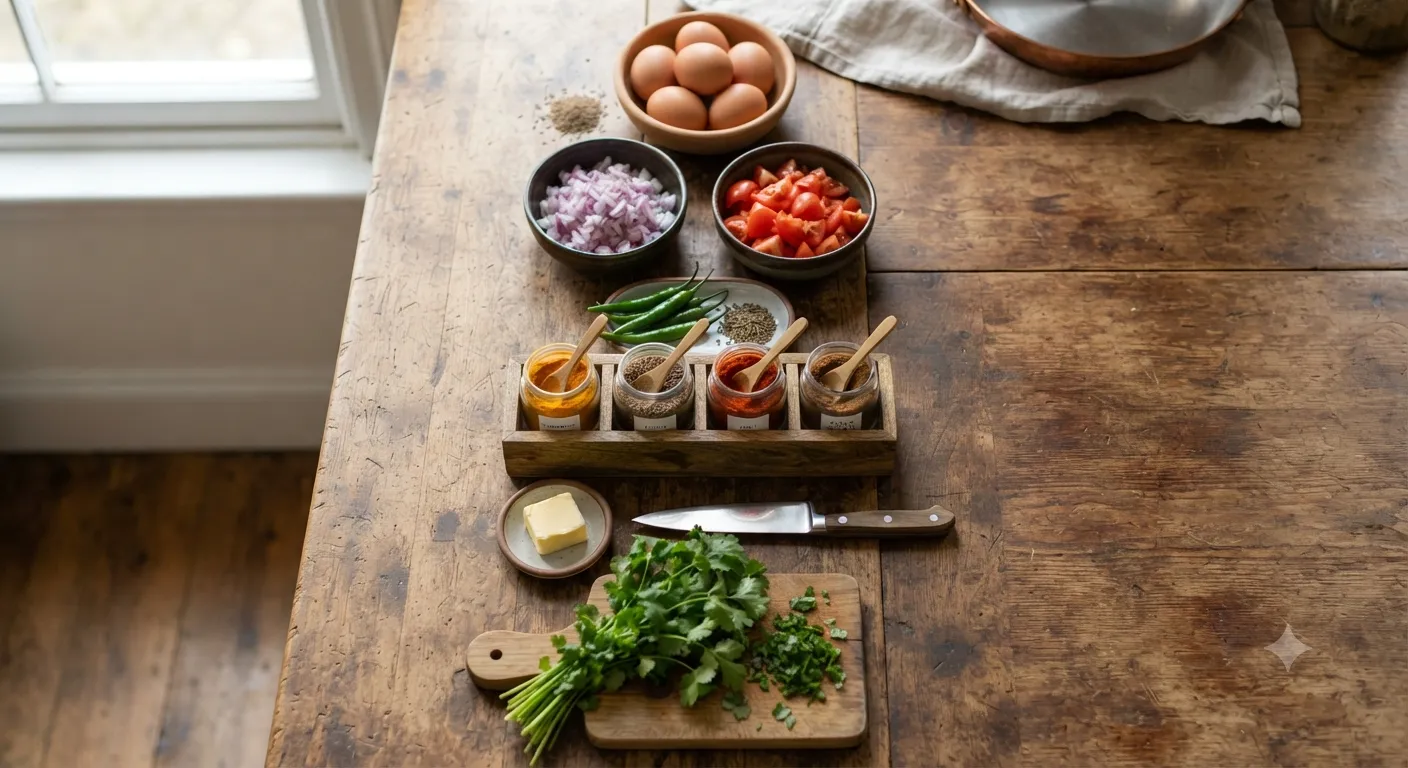 Fresh ingredients for Indian Masala Egg Bhurji including eggs, chopped onions, tomatoes, green chilies, cilantro, and spices arranged on a rustic wooden table.
