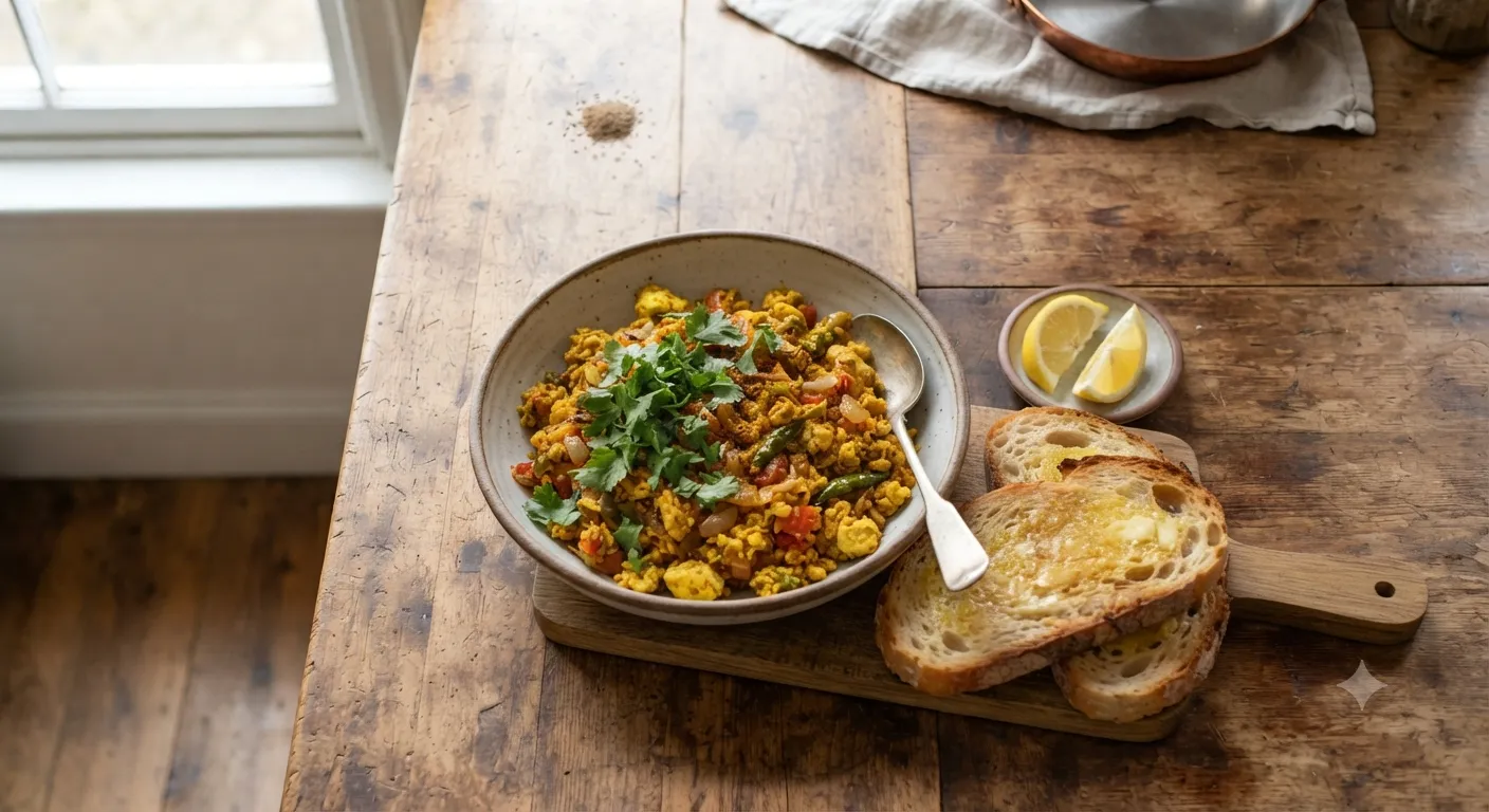 A delicious bowl of Masala Egg Bhurji garnished with fresh cilantro, served with buttery toasted bread and lemon wedges on a rustic wooden board.