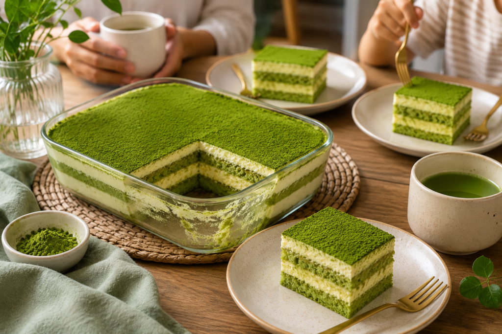 Homemade matcha tiramisu served as a delicious family dessert on a cozy dining table
