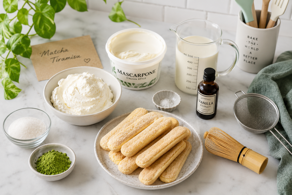Matcha tiramisu ingredients including matcha powder, mascarpone cheese, heavy cream, sugar, vanilla extract, ladyfinger biscuits, and kitchen tools