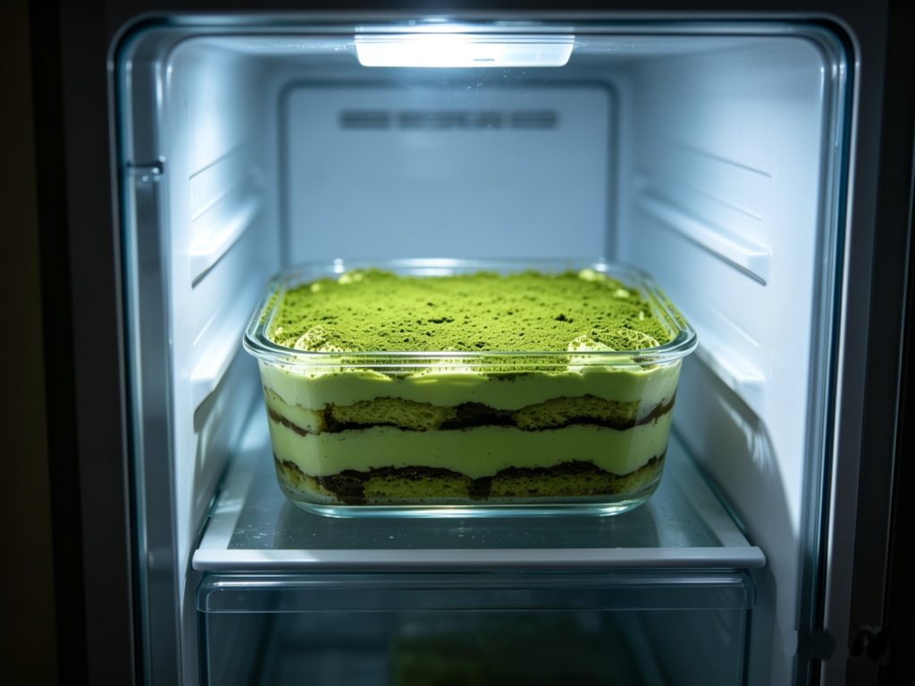 Homemade matcha tiramisu resting and setting inside a refrigerator before serving