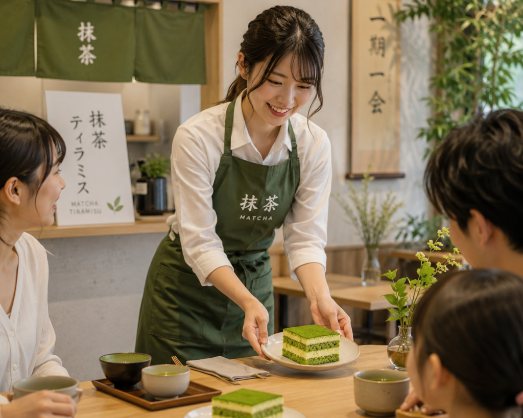 Beautiful cafe waitress serving a slice of creamy matcha tiramisu to customers in a Japanese-style cafe