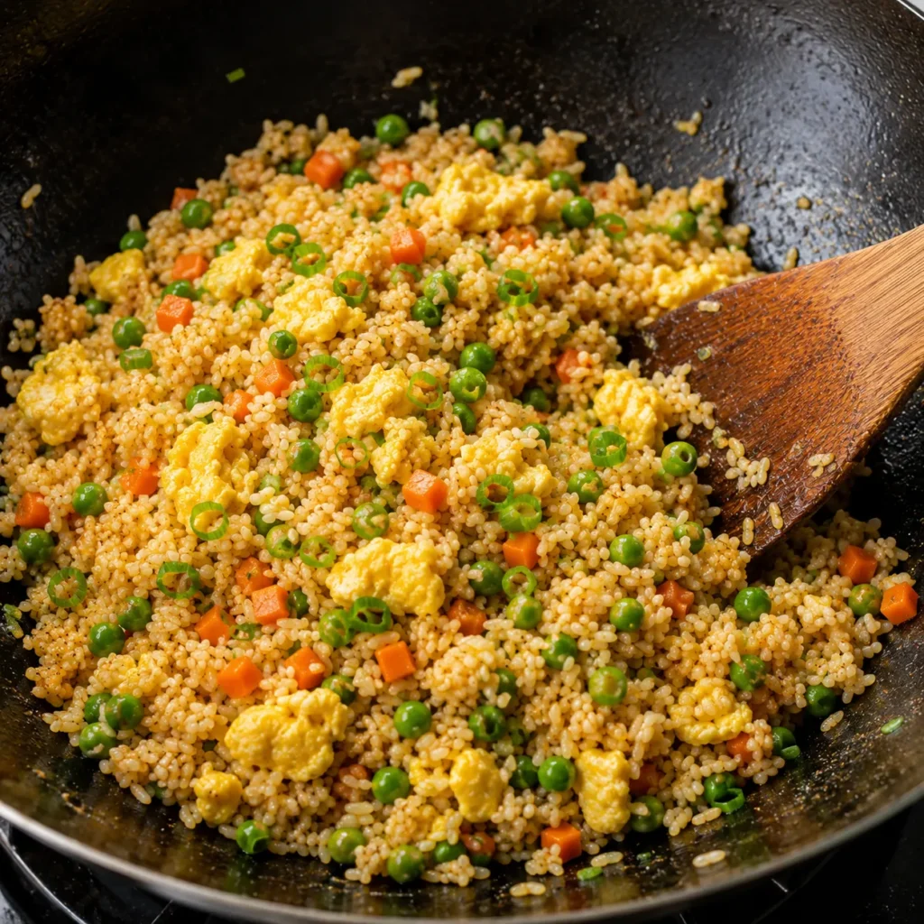 Scrambled eggs and chopped spring onions being mixed into Chinese Fried Rice with a wooden spatula.