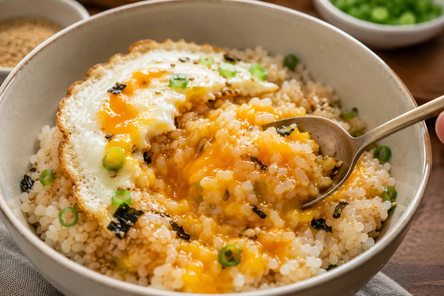 Mixing creamy egg yolk with soy sauce and fluffy rice to make authentic Korean Gyeran Bap.