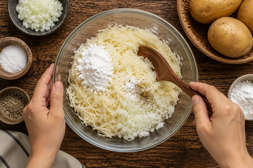 Grated potatoes mixed with cornstarch, chopped onion, salt, and pepper in a glass bowl for Korean potato pancakes.