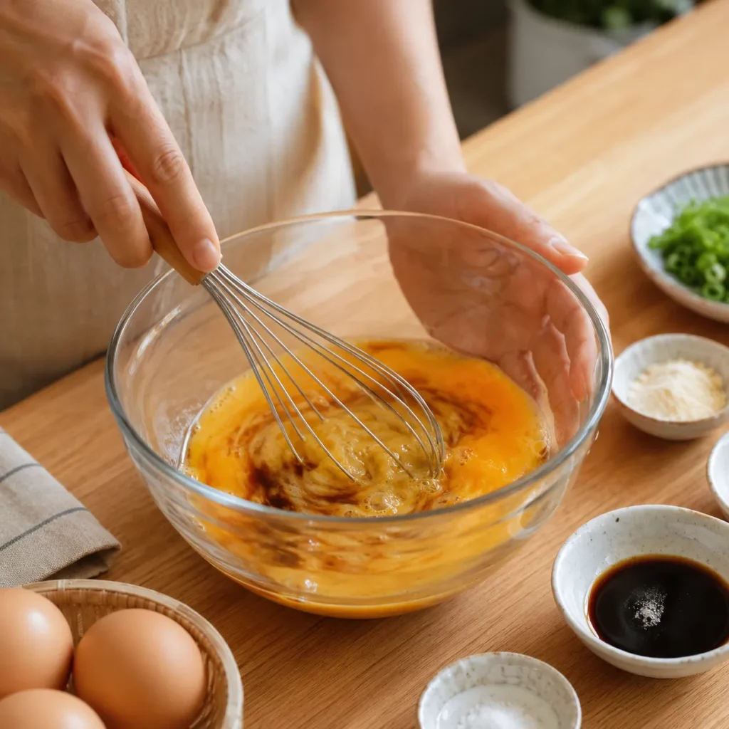 Hands whisking eggs with soy sauce, dashi, and seasonings in a clear glass bowl to prepare authentic Japanese Tamagoyaki.