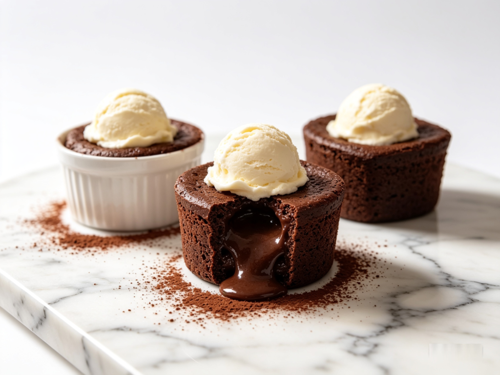 Beautiful food photo: chocolate lava cake cut open, rich molten center flowing onto plate, topped with a scoop of vanilla ice cream, clean white background, soft natural light, mouth-watering details.