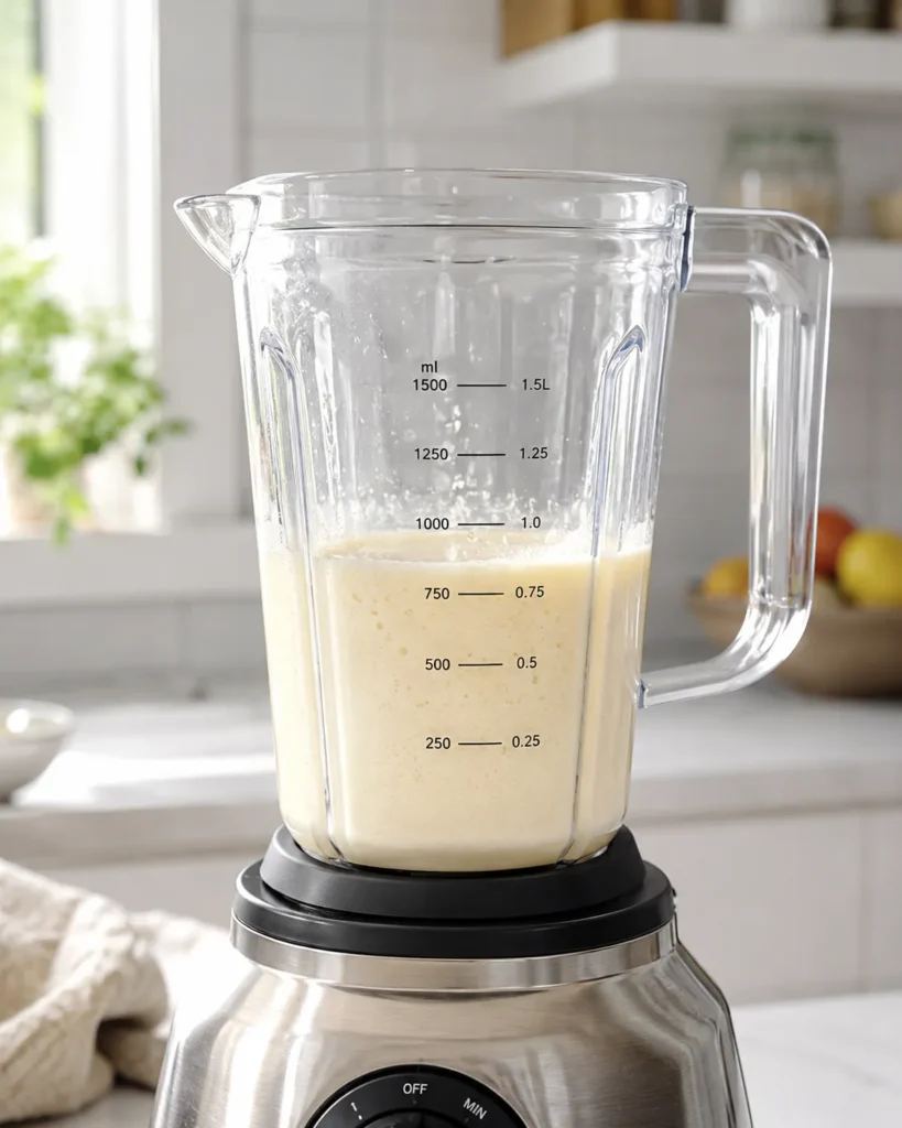 Smooth Moroccan Baghrir batter blending inside a transparent blender jar with semolina and yeast in a bright modern kitchen.