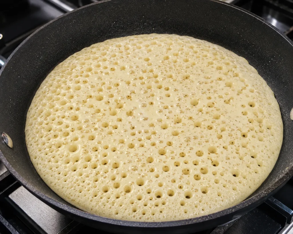 Authentic Moroccan Baghrir cooking in a non-stick pan with hundreds of tiny holes forming on the surface.