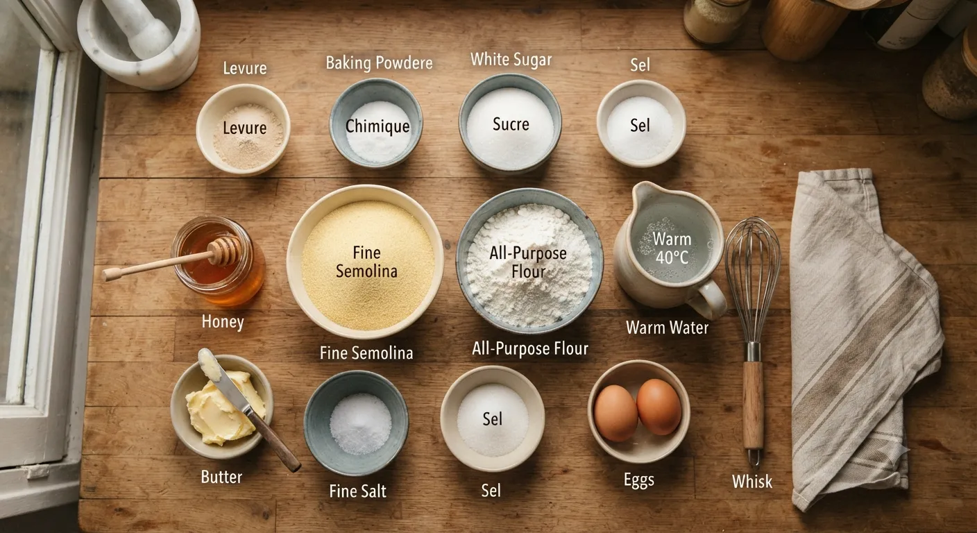 Arrangement of ingredients for making traditional Moroccan Baghrir in small bowls on a rustic wooden kitchen countertop, including semolina, flour, yeast, and honey, overhead view.
