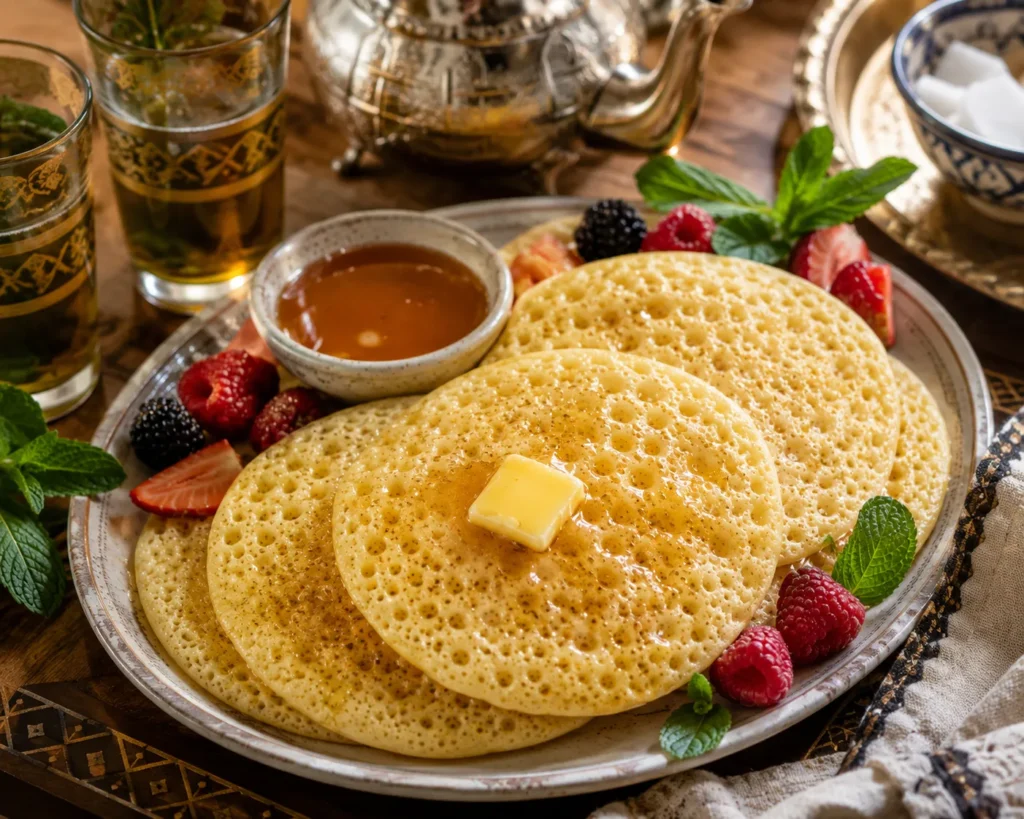 Fresh Moroccan Baghrir served with honey, butter, fresh berries, mint leaves, and Moroccan mint tea on a rustic breakfast table.