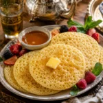 Fresh Moroccan Baghrir served with honey, butter, fresh berries, mint leaves, and Moroccan mint tea on a rustic breakfast table.