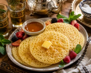 Fresh Moroccan Baghrir served with honey, butter, fresh berries, mint leaves, and Moroccan mint tea on a rustic breakfast table.