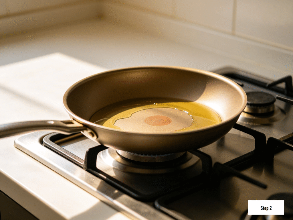Non-stick pan lightly coated with oil placed on a stovetop, warm natural morning lighting, minimalist and clean kitchen aesthetic.