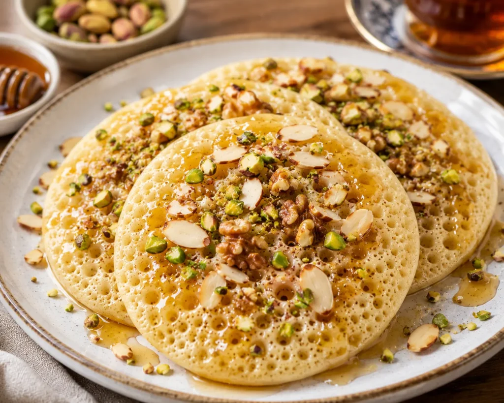 Moroccan Baghrir topped with mixed roasted nuts, honey drizzle, chopped pistachios, almonds, walnuts, and powdered sugar.