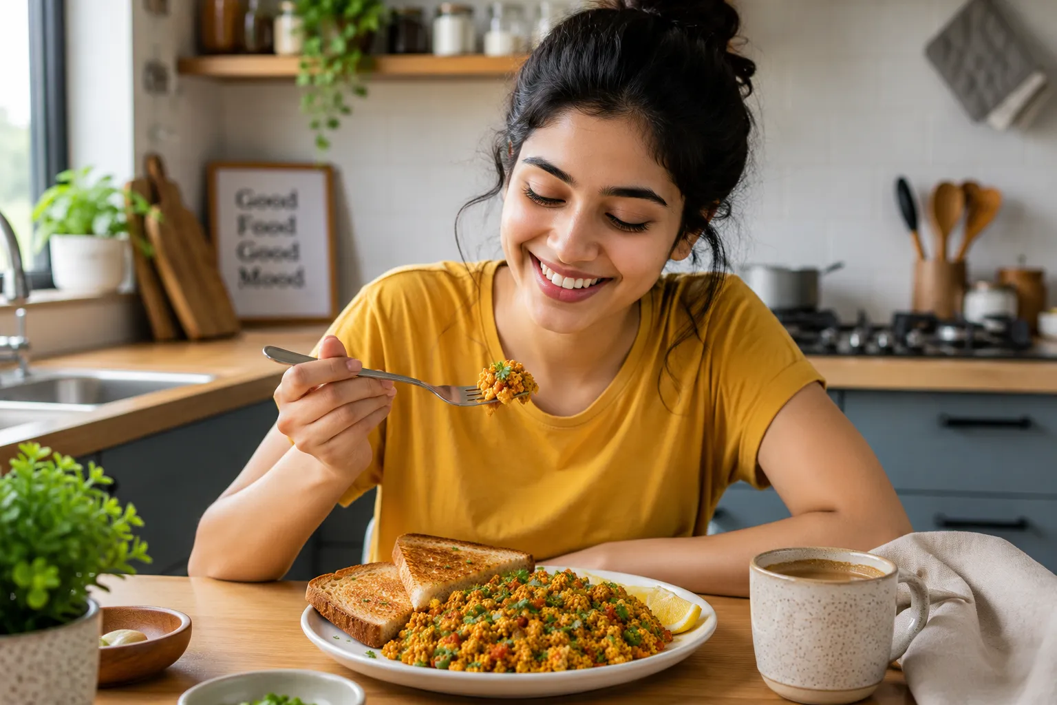 Smiling young adult enjoying homemade Masala Egg Bhurji in a bright modern kitchen during breakfast.