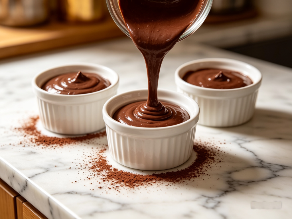 glossy chocolate batter being poured carefully into clear glass bowls, clean styling, bright even lighting, simple and neat home baking setup.