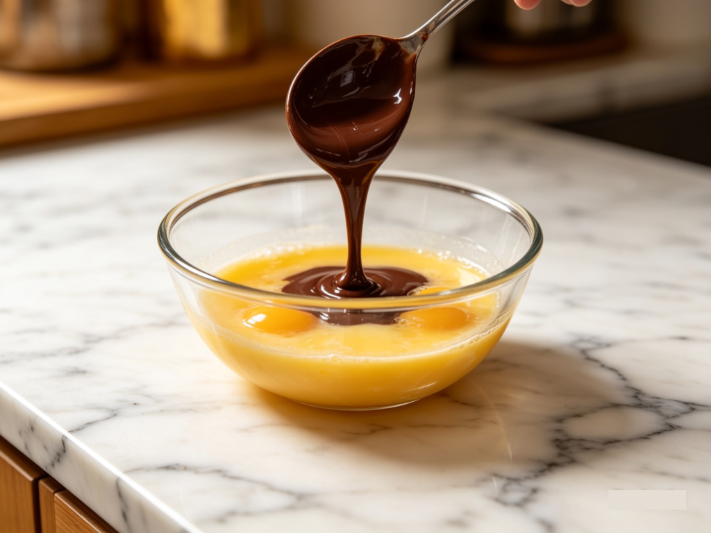 pouring warm melted chocolate mixture into the fluffy egg and sugar mix, streams of chocolate blending in, clear glass bowls, marble counter, warm tones.