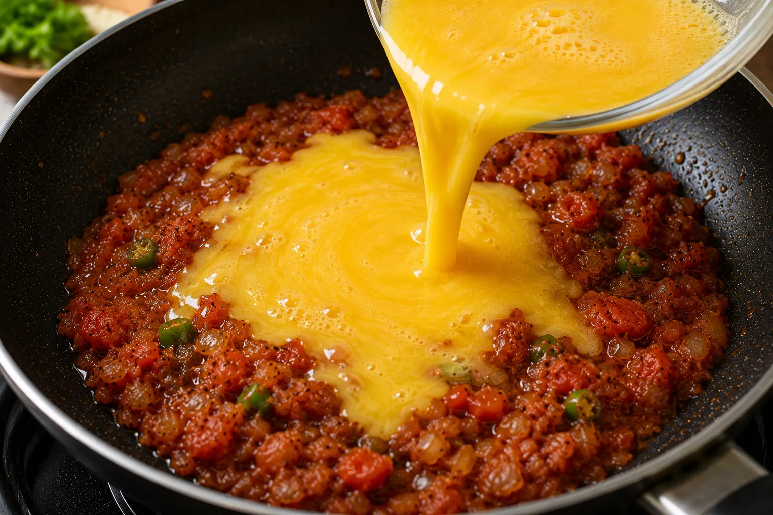 Beaten eggs being poured into the spicy tomato masala while cooking Masala Egg Bhurji.