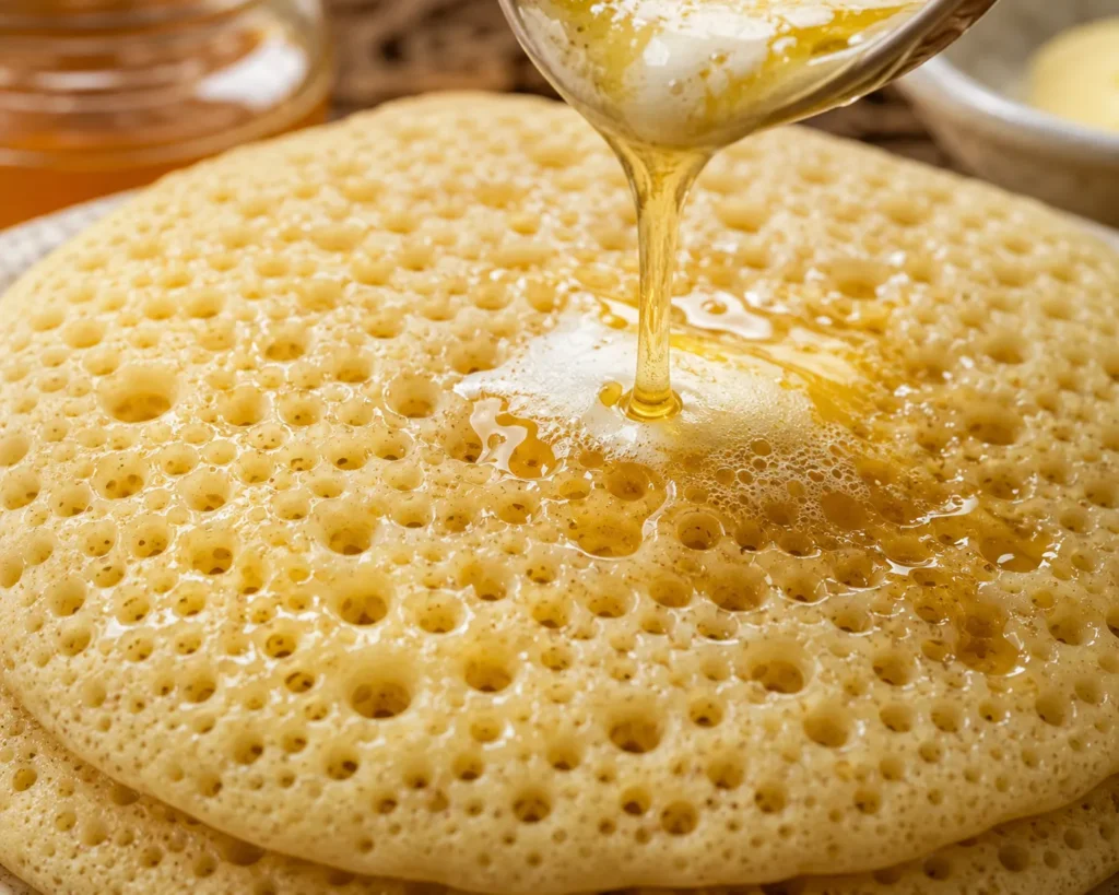 Melted butter and honey being poured over freshly cooked Moroccan Baghrir, soaking into the tiny holes.