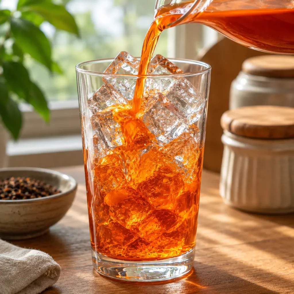 Vibrant orange Thai tea being poured over ice in a tall glass