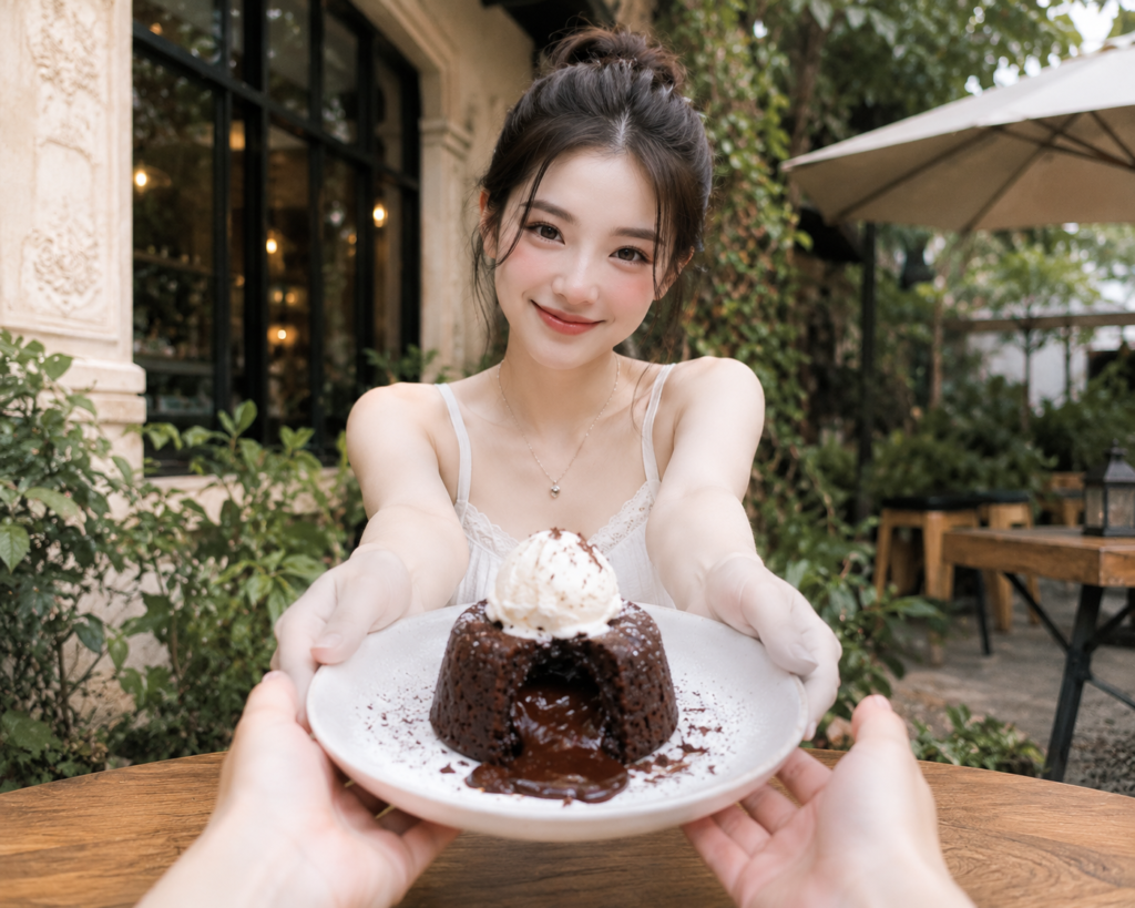 First-person view of a smiling woman offering chocolate lava cake topped with vanilla ice cream