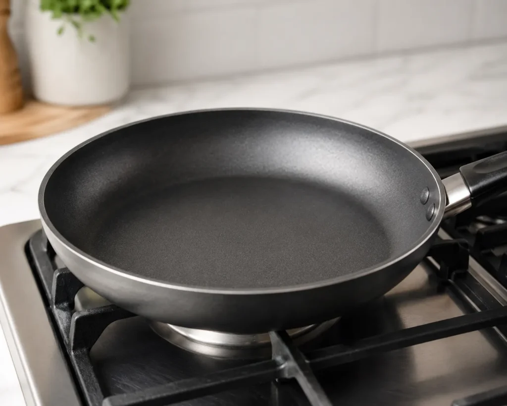 Preheating a non-stick pan on the stovetop before cooking Korean potato pancakes