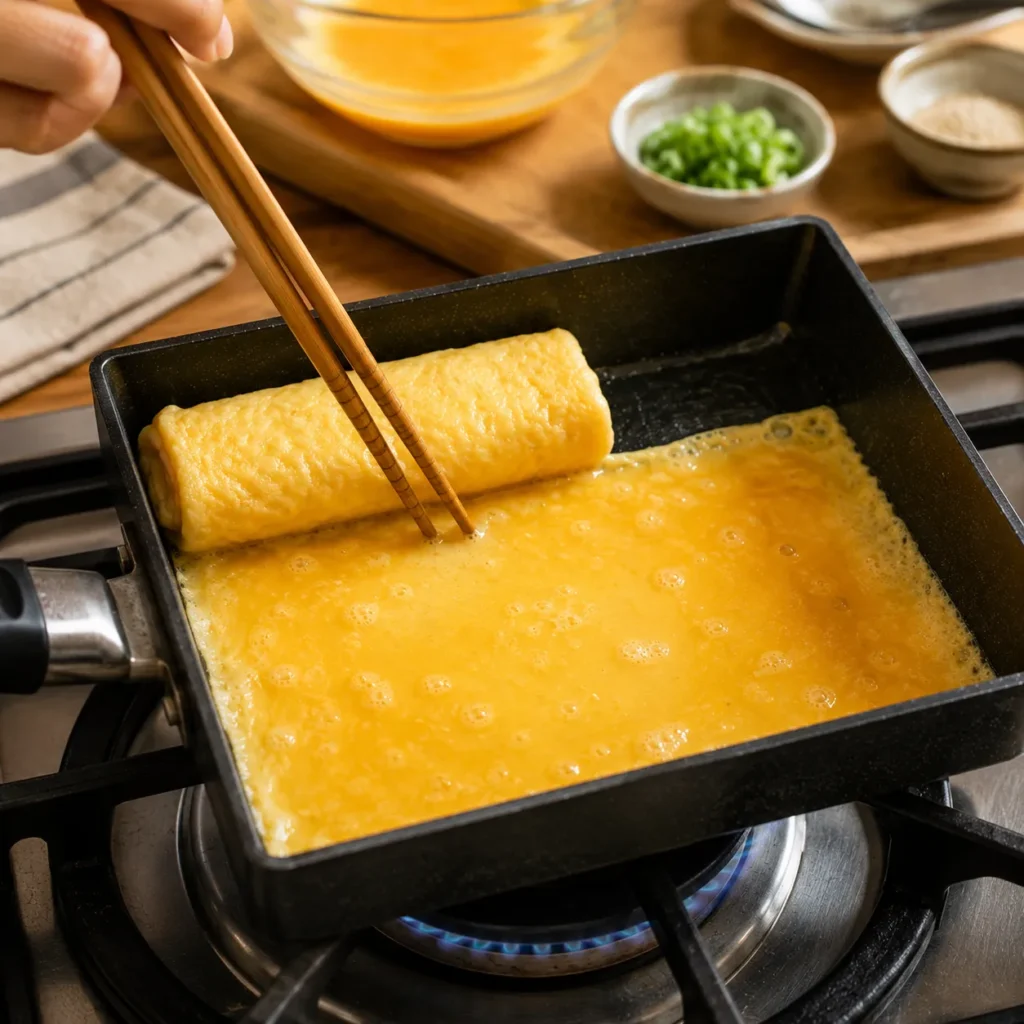 Chopsticks gently rolling the first layer of Tamagoyaki inside a rectangular Japanese omelet pan.