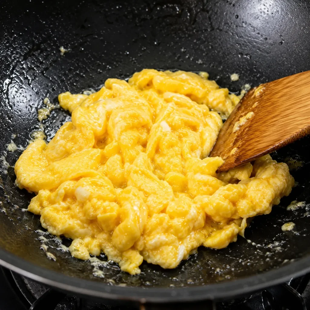 Soft scrambled eggs cooking in a seasoned wok for homemade Chinese Fried Rice.