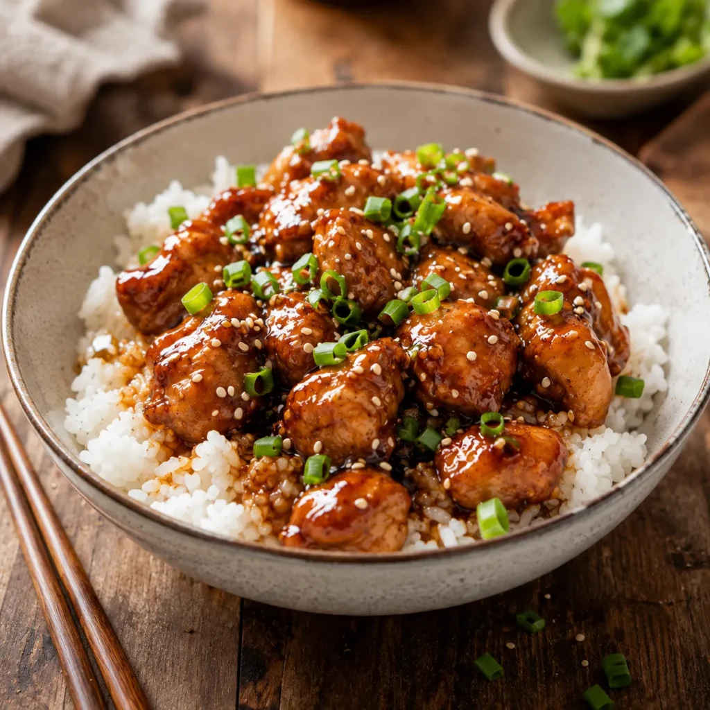Juicy homemade Teriyaki Chicken Bites served over steamed jasmine rice with sesame seeds and green onions.