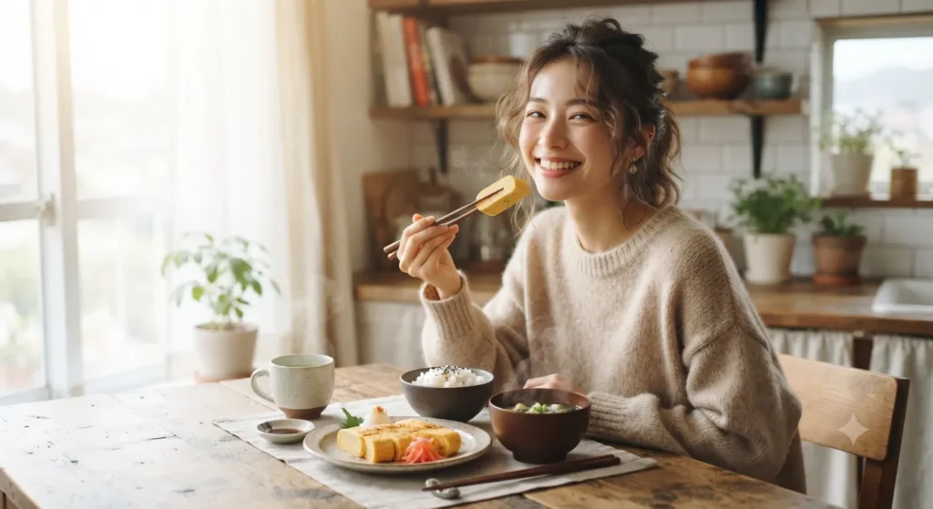 A smiling young woman enjoying a homemade Japanese tamagoyaki breakfast in a bright and cozy modern kitchen, lifestyle food photography.