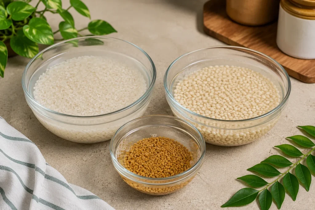 Rice, urad dal, and fenugreek seeds soaking in water before making traditional Masala Dosa batter