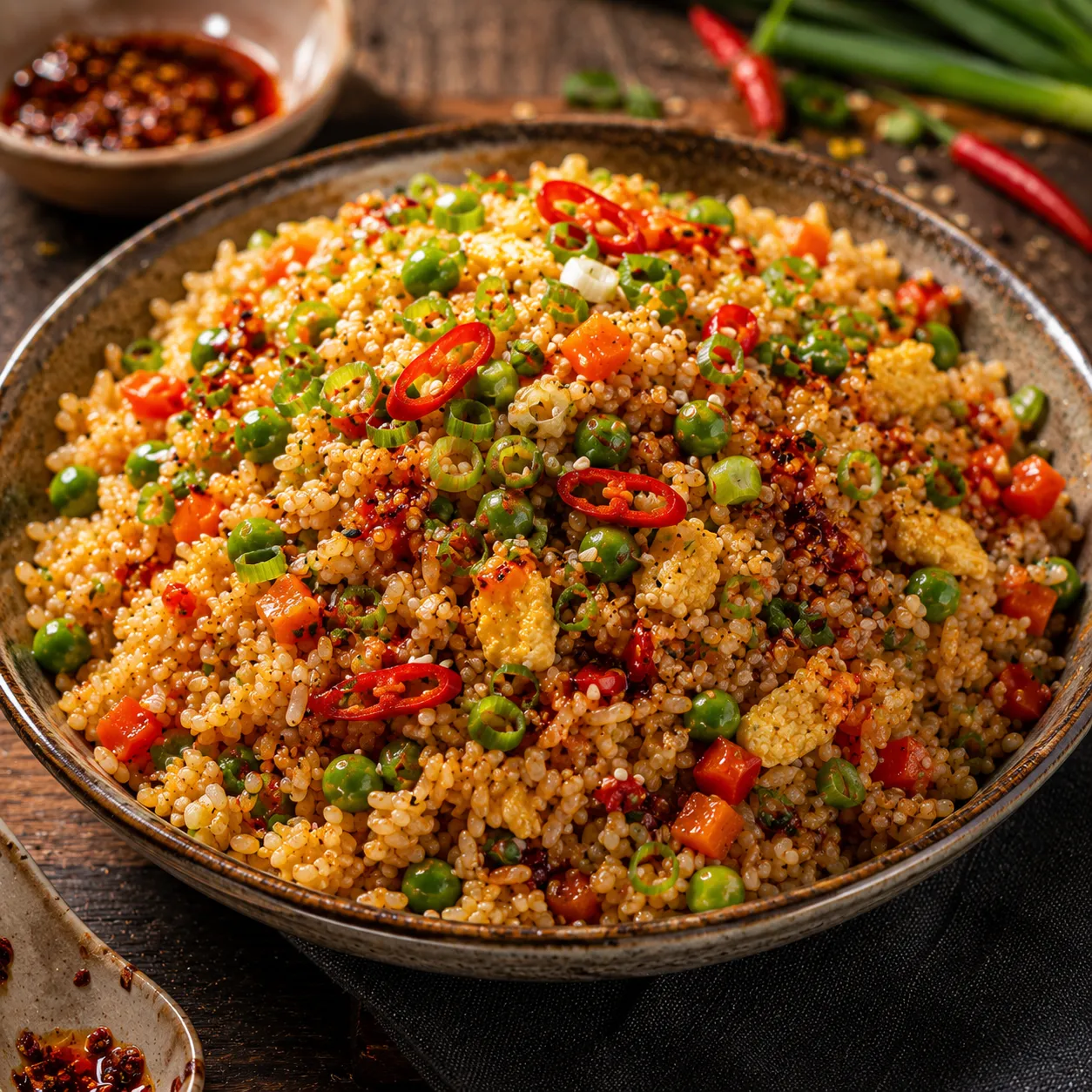 Spicy Chinese Fried Rice topped with fresh red chilies, chili oil, sesame seeds, and sliced green onions.