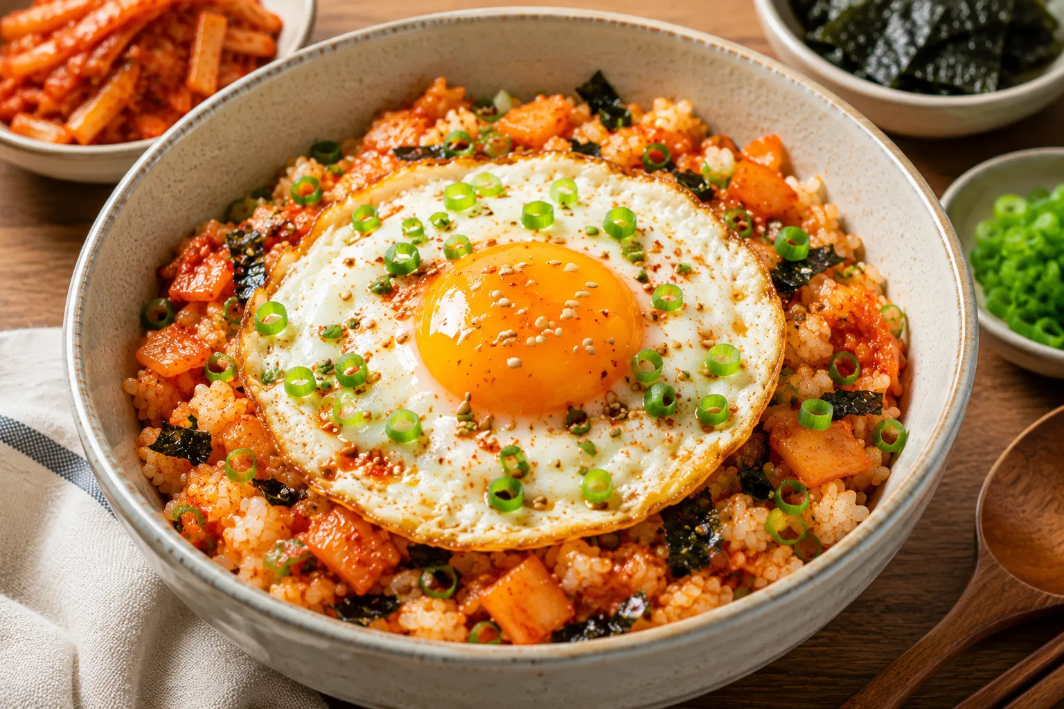 Spicy Kimchi Gyeran Bap with fried egg, chopped kimchi, sesame seeds, and green onions.